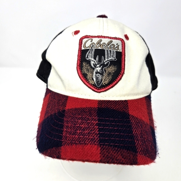 CABELA'S BLACK & CREAM BASEBALL HAT CAP RED BLUE FLANNEL BILL DEER PATCH UNISEX - Picture 1 of 14